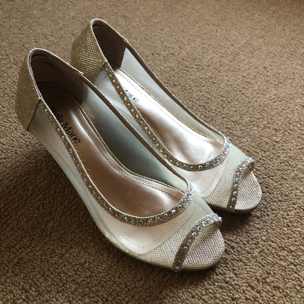 Bella Marie Cream and Gold Rhinestone Peep-Toe Wedges